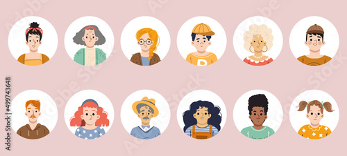 Set of people avatars, round icons with faces of young and old male and female characters. Diverse men or women with different hair color, kids, teens and adult isolated line art flat vector portraits