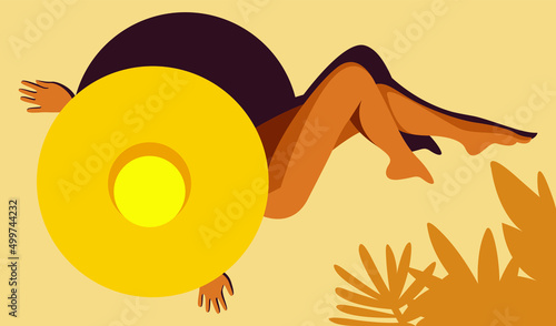 vector image on the theme of summer holidays. a beautiful tanned woman in a yellow bathing suit in a huge hat is sunbathing on the beach in the shade of palm trees.useful for summer vacations, beaches