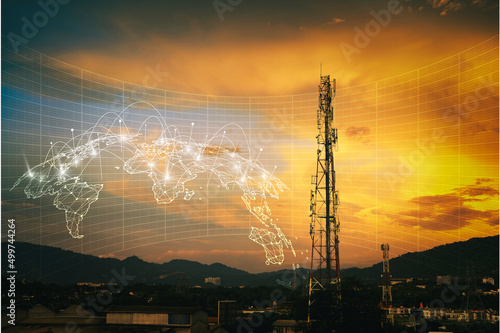 Wallpaper Mural Telecommunication tower during sunset with HUD graphical internet worldwide connectivity of 3G, 4G and 5G network. Technology concept. Antenna, microwave, repeater, base station. Mobile communications Torontodigital.ca