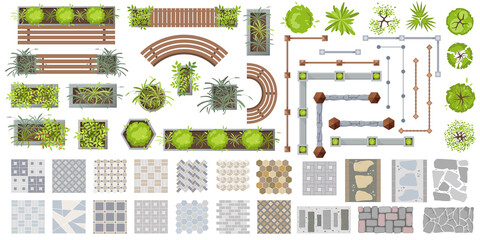 Canvas schilderij Wit Architectural elements for landscape design top view. Set of Outdoor furniture, fence, trees, fence and tile path for project, plan, map, yard. Benches, chair, table, plant in pot. Vector kit flat  © Volha