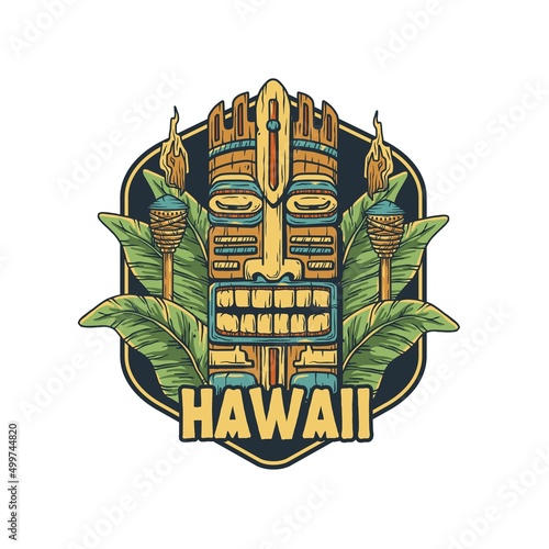 Hawaii tiki mask with tropical leavs and torch for tropic beach. Exotic mask for summer surfing prints or tiki bar