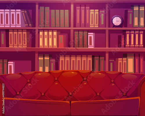 Cartoon background luxury old room or library interior with wooden bookcase and leather coach. Place for reading with sofa and rows of various literature volume spines, athenaeum Vector illustration