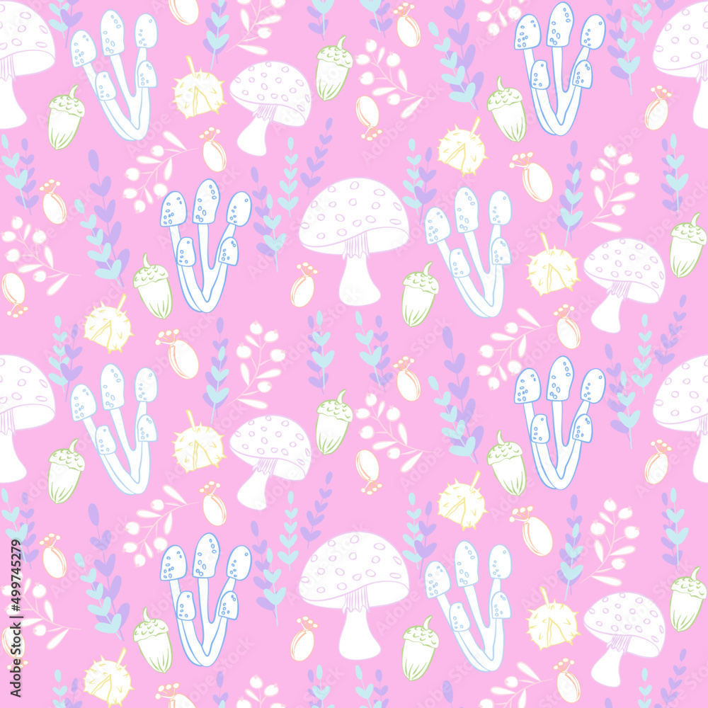 Vector seamless half-drop pattern, with mushrooms Vector seamless half-drop pattern, with mushrooms