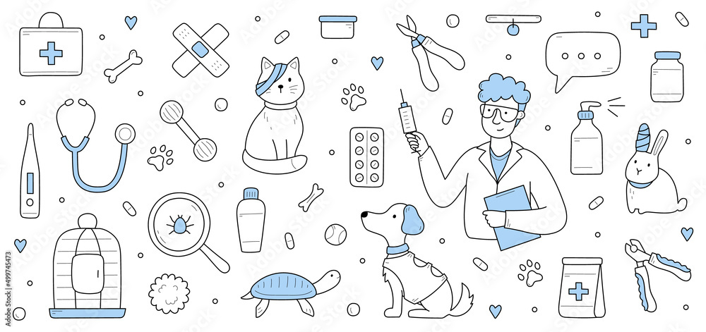 Veterinary clinic with doctor hold syringe, sick pets with bandage, grooming tools, cage, and stethoscope. Vector hand drawn illustration with man veterinarian, cat, dog, rabbit and turtle Veterinary clinic with doctor hold syringe, sick pets with bandage, grooming tools, cage, and stethoscope. Vector hand drawn illustration with man veterinarian, cat, dog, rabbit and turtle