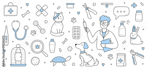 Veterinary clinic with doctor hold syringe, sick pets with bandage, grooming tools, cage, and stethoscope. Vector hand drawn illustration with man veterinarian, cat, dog, rabbit and turtle