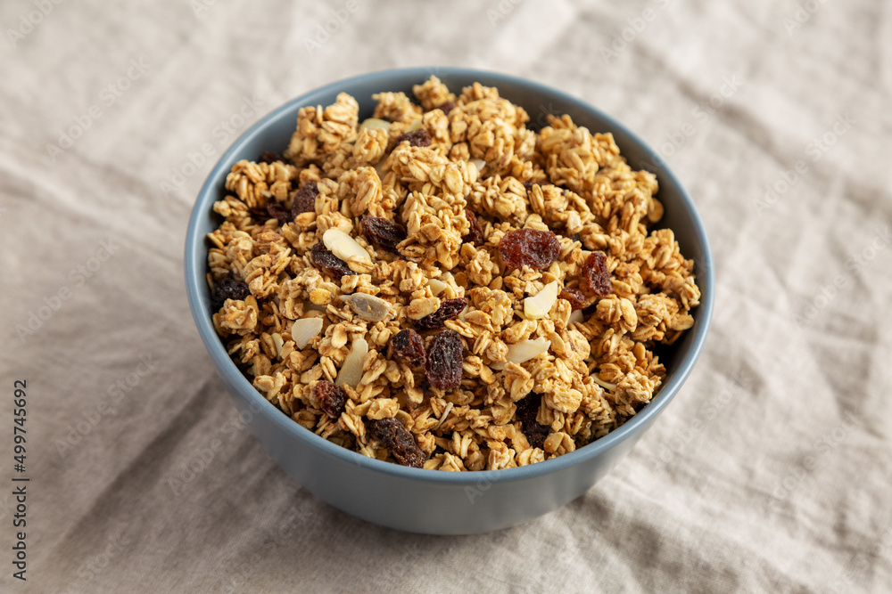 Homemade Granola with raisins and almonds in a Bowl, side view. Homemade Granola with raisins and almonds in a Bowl, side view.