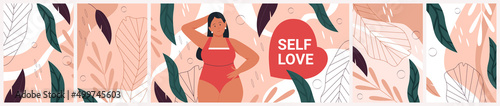 Positive healing ideas and thoughts of beautiful young woman, tropical leaf patterns, self love quote in heart vector illustration. Cartoon overweight girl in bikini background. Motivation concept