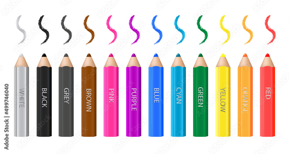 12 multicolor wooden pencils and pencil strokes. Isolated on white  background. Names of colors: white, black, grey, brown, pink, purple, blue,  cyan, green, yellow, orange, red. Vector illustration. Stock Vector | Adobe  Stock