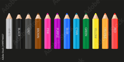 Colorful pencils with names of colors.  Black background. Vector design.