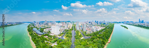 Urban scenery on both sides of Liujiang River in Liuzhou, Guangxi, China