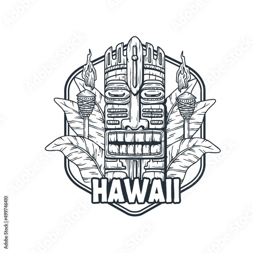 Hawaii tiki mask with tropical leavs and torch for tropic beach. Exotic mask for summer surfing prints or tiki bar