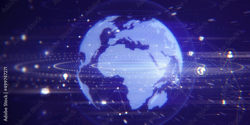 Fototapeta premium Creative bright globe interface with various business icons and connections on blurry wallpaper. Global network and technology concept. 3D Rendering.
