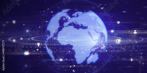 Creative bright globe interface with various business icons and connections on blurry wallpaper. Global network and technology concept. 3D Rendering.