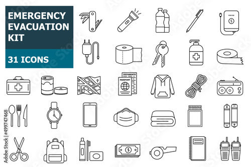 Vector objects set on white background of survival emergency kit for evacuation or disasters