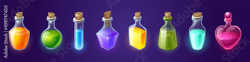Potion bottles with magic elixir, cartoon glass flasks with colorful glowing liquid and corkwood plugs. Witch poison gui or ui game assets, alchemist apothecary vials, Vector illustration, icons set