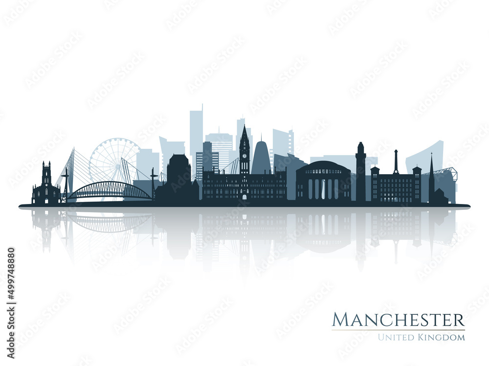 Manchester skyline silhouette with reflection. Landscape Manchester, England. Vector illustration. - obrazy, fototapety, plakaty 