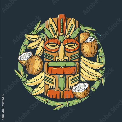 Tiki mask and tropical fruits. Exotic banana and coconut for summer hawaiian prints or tropic beach