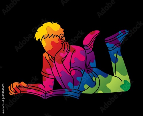 A Man Laying Down and Reading A Book People Learning Cartoon Graphic Vector
