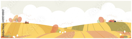 Panorama landscape vector illustration.Minimal countryside in autumn.Farmhouse and truck in crops field.Fallng leaf,sky,folaige and sheep