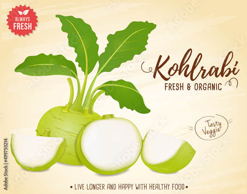 Kohlrabi Root Vegetable vector illustration with kohlrabi green leaves and pieces on brown background