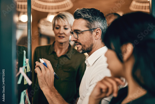 Putting their heads together to perfect the plan. Shot of a group of businesspeople having a brainstorming session on a glass wall in a modern office.