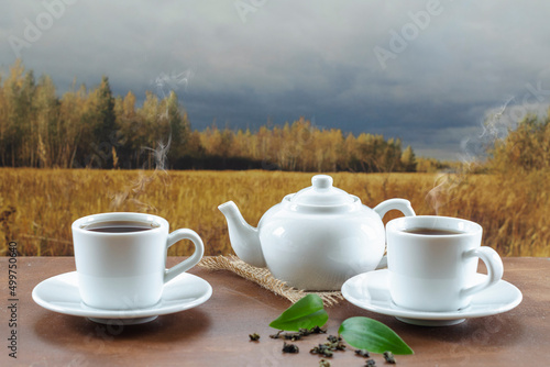 cups of tea and a kettle for brewing white on a wooden table against the background of the autumn forest and field, tea drinking in nature