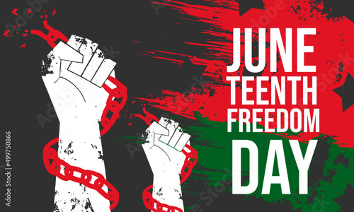 Juneteenth Freedom Day. June 19, 1865. Emancipation Day. Illustration vector graphic. Design concept Black Arm breaking chains. Perfect for background, banner, card, poster with text inscription.