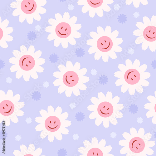 70’s cute seamless smiley face daisy pattern with flowers. Floral hippie funky vector background. Perfect for creating fabrics, textiles, wrapping paper, packaging.