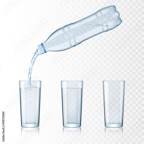 Pouring water into glass from a bottle. Set of transparent glasses with water and empty, isolated.	

