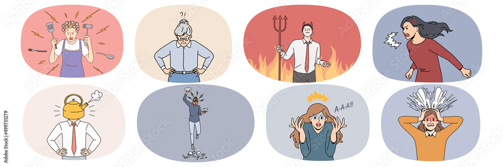 Set of angry people scream and shout feel furious and enraged. Collection of mad men and women show emotions yell and make noise. Rage and fury concept. Vector illustration. Set of angry people scream and shout feel furious and enraged. Collection of mad men and women show emotions yell and make noise. Rage and fury concept. Vector illustration.