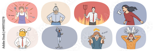 Set of angry people scream and shout feel furious and enraged. Collection of mad men and women show emotions yell and make noise. Rage and fury concept. Vector illustration. 