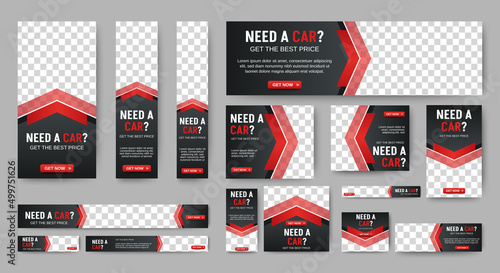 Car Rental banners design web template Set, Horizontal header web banner. Gradient black and red. cover header background for website design, Social Media Cover ads banner, flyer, invitation card