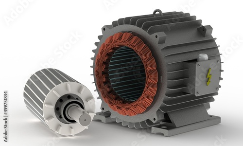 Electric motor, stator and rotor isometric view, 3D illustration, white background photo