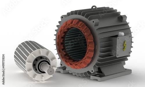 Electric motor, stator and rotor isometric view, 3D illustration, white background