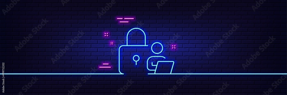 Neon light glow effect. Lock line icon. Security access sign. Online padlock symbol. 3d line neon glow icon. Brick wall banner. Lock outline. Vector Neon light glow effect. Lock line icon. Security access sign. Online padlock symbol. 3d line neon glow icon. Brick wall banner. Lock outline. Vector