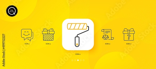 Legal documents, Paint roller and Smile face minimal line icons. Yellow abstract background. Secret gift, Surprise icons. For web, application, printing. Justice scale, Painter brush, Chat. Vector