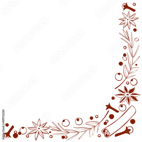 Vector corner element made of Christmas winter outline spices in doodle style. Xmas background, frame, decor with seasonings. For desserts, hot mulled wine, cookies, template of menu, recipes