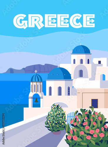 Greece Poster Travel, Greek white buildings with blue roofs, church, poster, old Mediterranean European culture and architecture