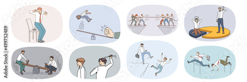 Set of businesspeople involved in work competition with colleagues at workplace. Collection of employees or workers compete with job rivals. Competitors and rivalry. Vector illustration. 