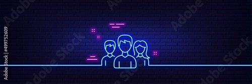 Neon light glow effect. Group line icon. Users or Teamwork sign. Male and Female Person silhouette symbol. 3d line neon glow icon. Brick wall banner. Teamwork outline. Vector