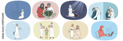 Set of religious Muslim family in traditional clothing praying to Allah. Collection of Arabian people follow moslem traditions and customs. Religion and faith concept. Vector illustration. 