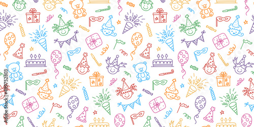Wallpaper Mural Seamless pattern with Happy Birthday doodles. Sketch of party decoration, funny smily children face, gift box and cute cake. Children drawing. Hand drawn vector illustration on white background. Torontodigital.ca