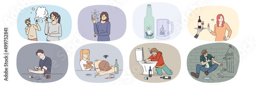 Set of unhappy diverse people suffering from addictions. Collection of men and women struggling with drug and alcohol addictive behavior. Healthcare and bad habits. Vector illustration. 