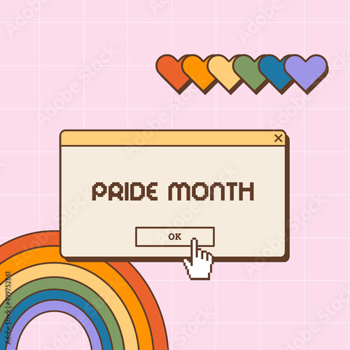 Social media post in old school nostalgic design for LGBTQ Pride Month. Retro 80s 90s aesthetic background with rainbow and hearts. Queer poster or card in vaporwave Y2K style. Vector illustration.