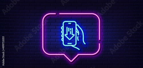 Neon light speech bubble. Download app line icon. Hand hold phone sign. Cellphone with screen notification symbol. Neon light background. Download app glow line. Brick wall banner. Vector