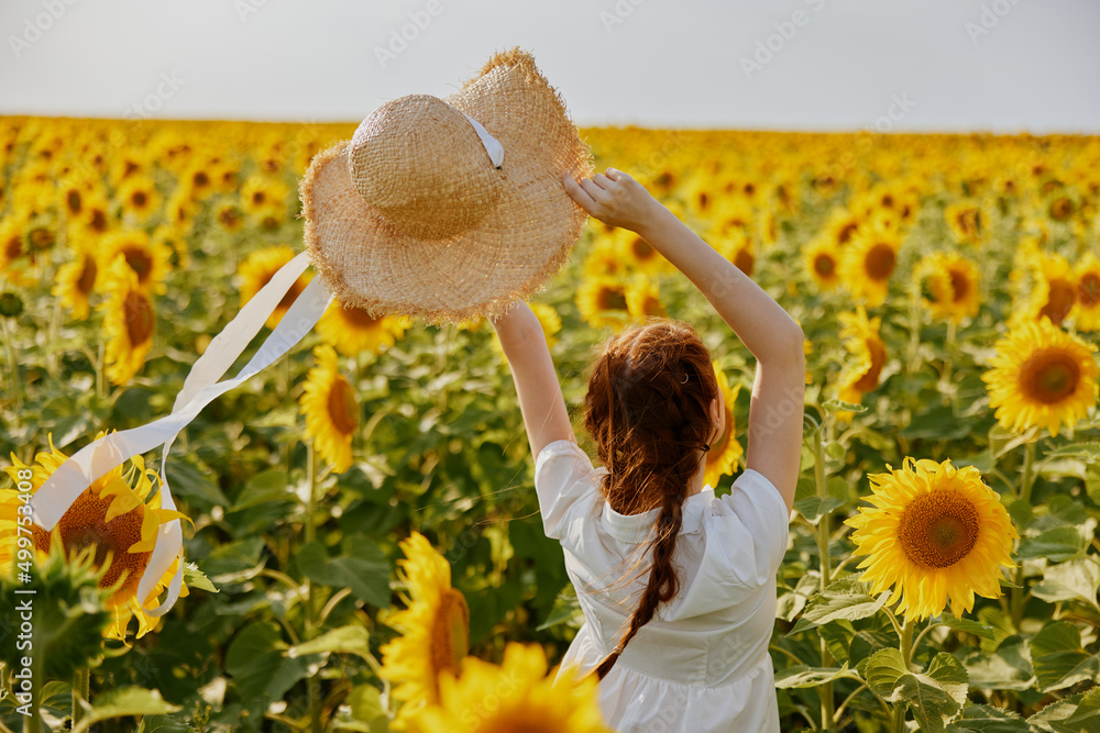 woman with straw hat in sunflower field back view sunny day