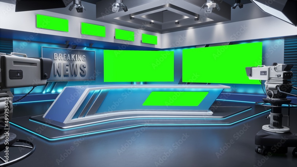 Tv Studio. Studio. News studio. Newsroom Background for News Broadcasts.  Blurred of studio at TV station. News channel design. Control room. 3D  rendering. Green screen Stock Photo | Adobe Stock