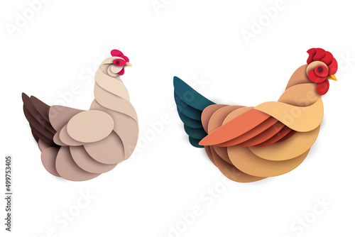 Rooster and chicken silhouette isolated on white background. Abstract farm animal. Creative 3d concept in cartoon paper cut style. Minimal design character. Modern geometric vector illustration.