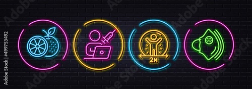Social distance, Vaccination appointment and Orange minimal line icons. Neon laser 3d lights. Medical mask icons. For web, application, printing. Vector