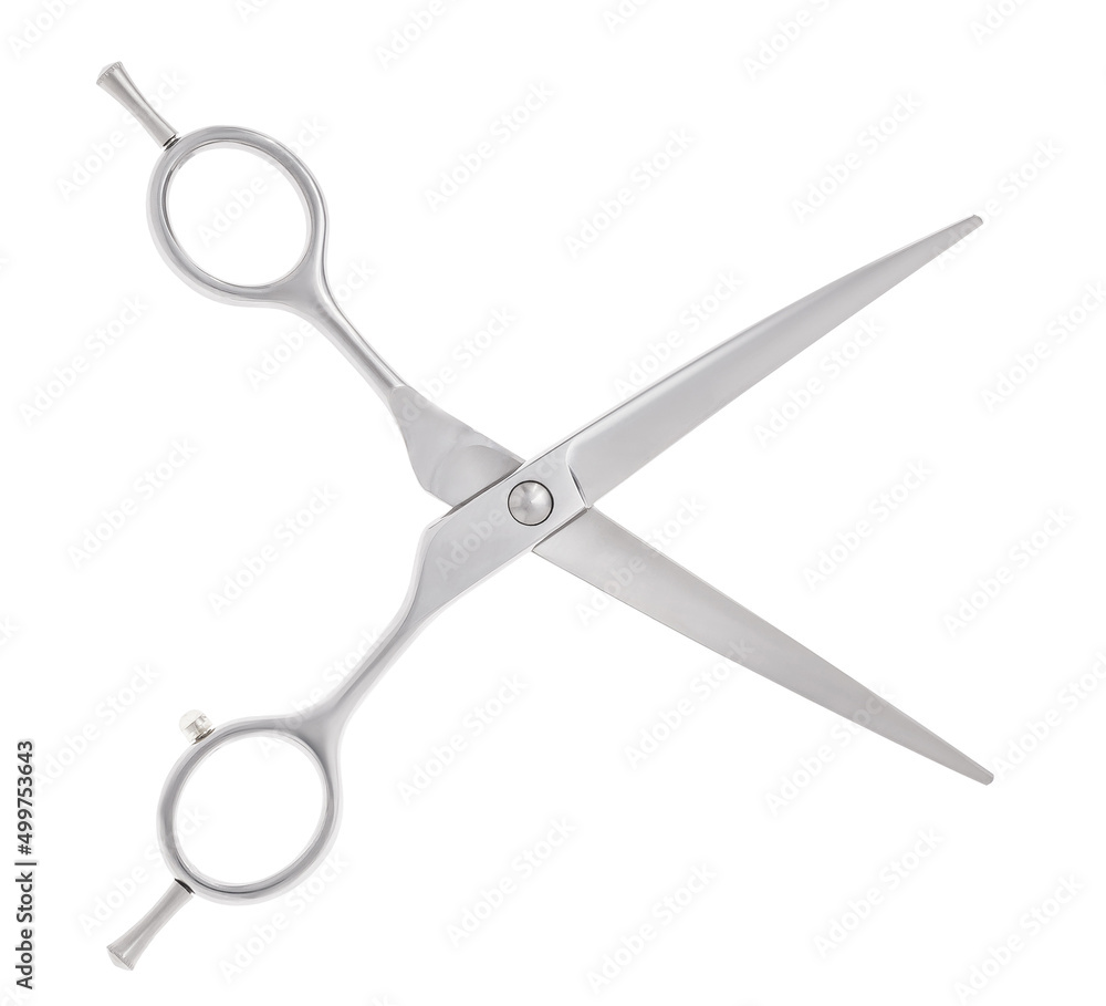 Scissors for cutting people and pets. Grooming scissors. Opened scissors on a white isolated background. Side view. Scissors for cutting people and pets. Grooming scissors. Opened scissors on a white isolated background. Side view.